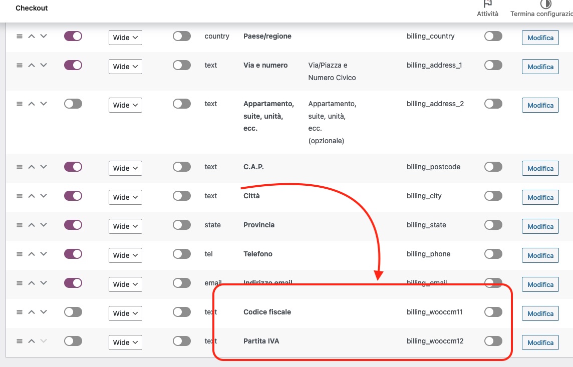 Aggiungere nella fattura i campi Partita Iva e Codice Fiscale creati con WooCommerce Checkout Manager